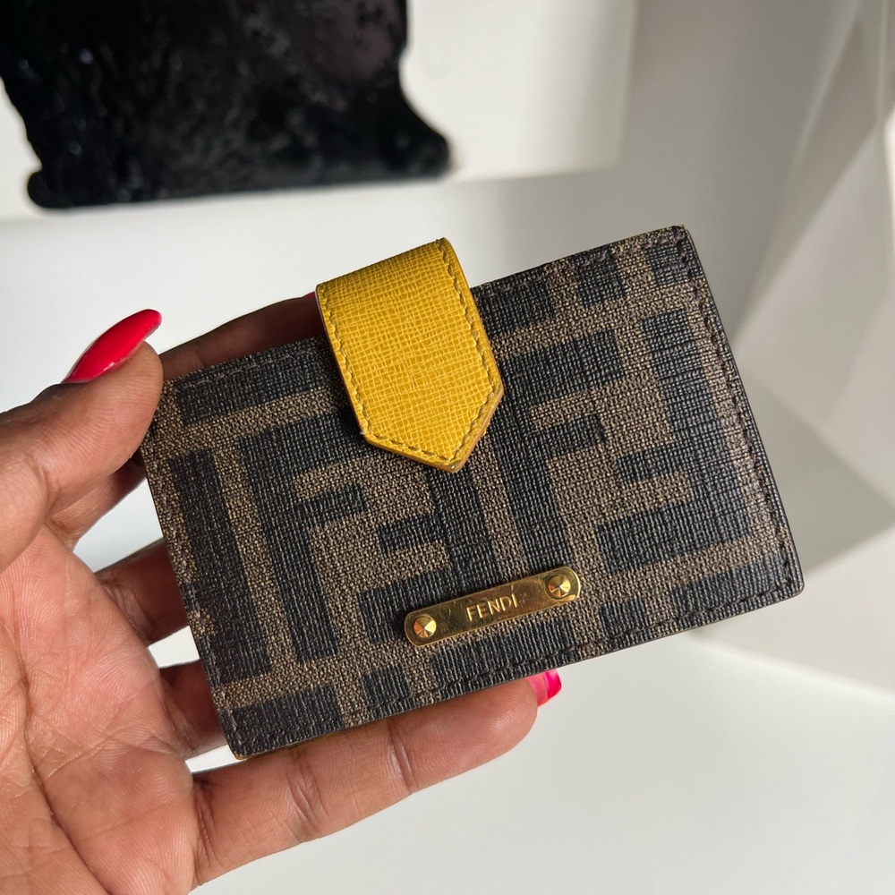 Fendi Brown Monogram Card & Key Holder with Yellow Tab